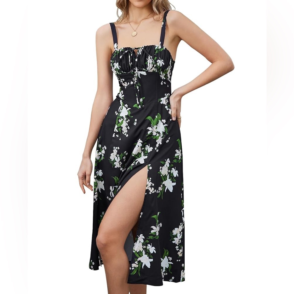 Floral Black Midi Dress High Slit Bustier Corset Style Summer XS